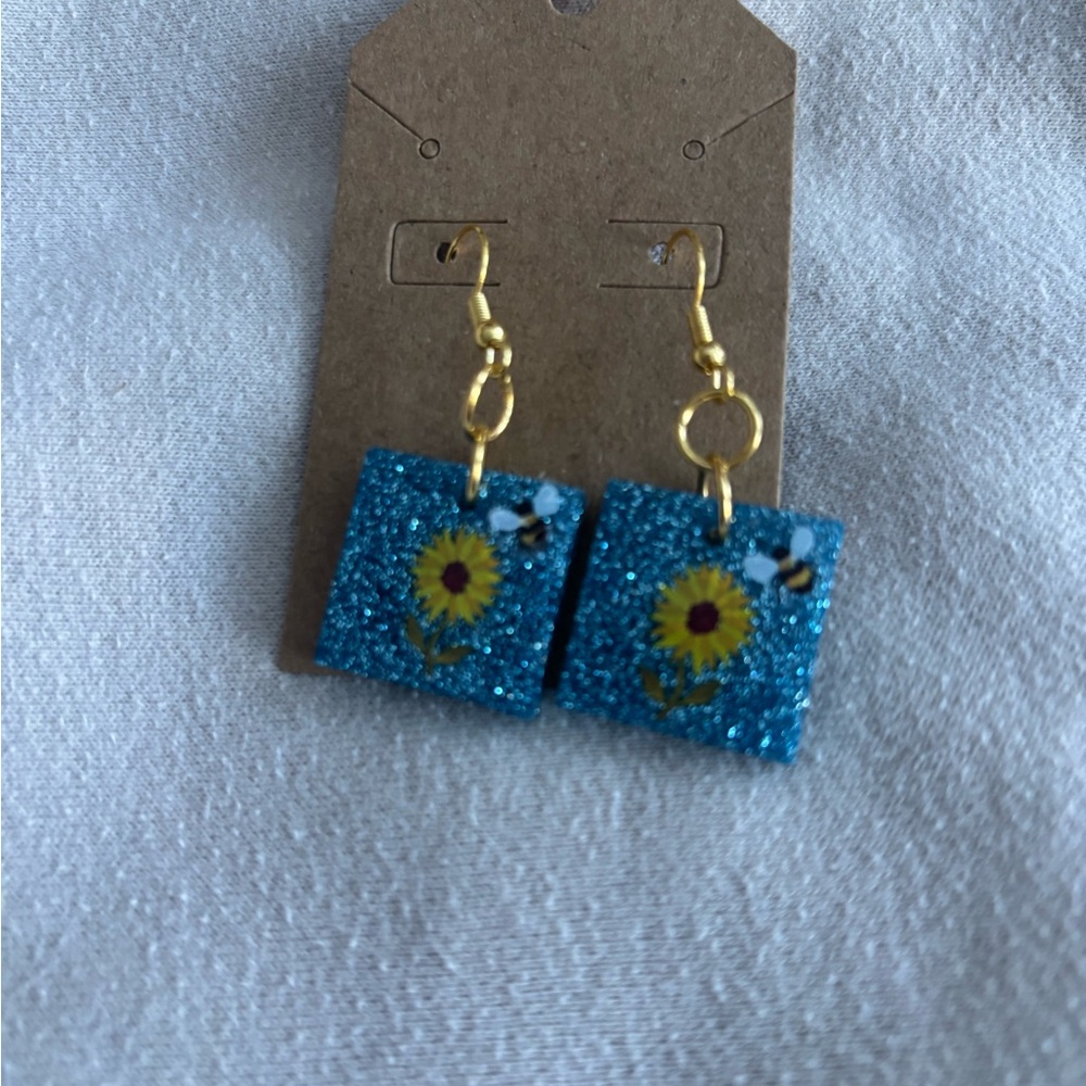Blue Glitter Sunflower Earrings
